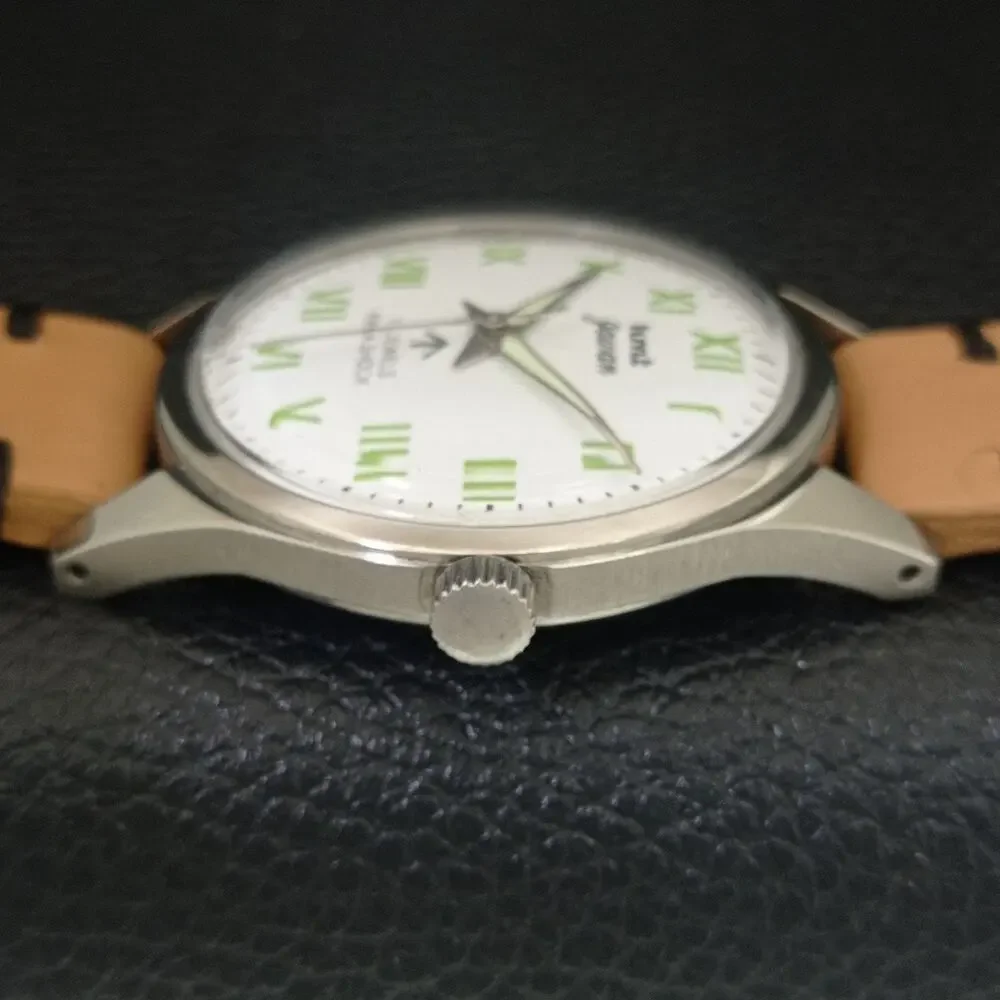 Vintage 1974 HMT Manual Wound Mens Silver Watch & Green accents